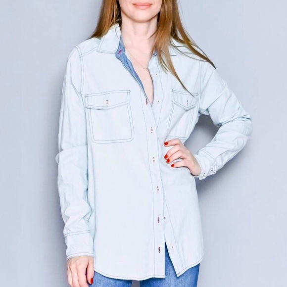 New Free People Bandana Bandit Med Blue Red Paisley Buttondown Embroidered Top - Picture 3 of 5